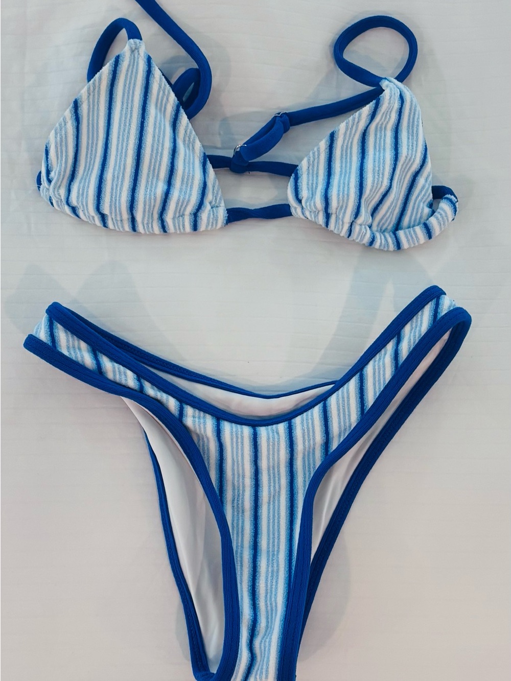 Djerf Avenue Blue and White Striped Triangle Bikini